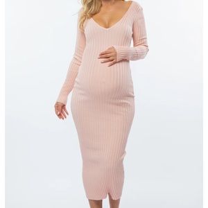 Pink V-Neck Long Sleeve Fitted Maternity Maxi Dress